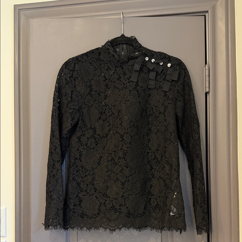 J. Crew Black Lace Long-Sleeve Top with Bow Detail